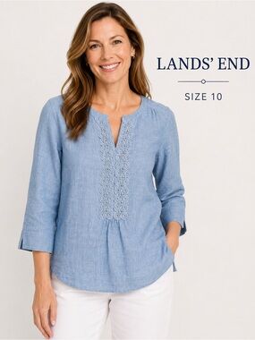 Lands’ End 100% Linen Embroidered Cottagecore  Tunic Top Blue Size 10